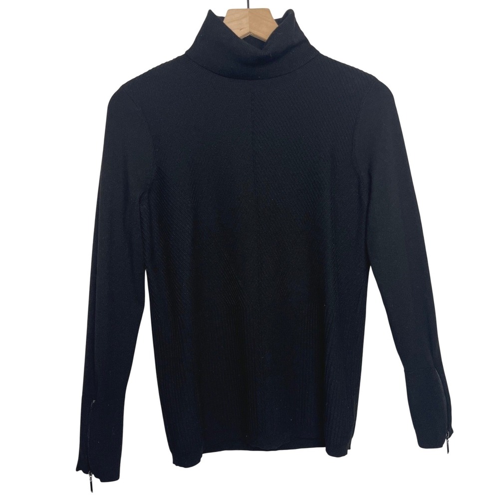 White House Black Market Black Ribbed Turtleneck Sweater Zipper Cuffs Medium